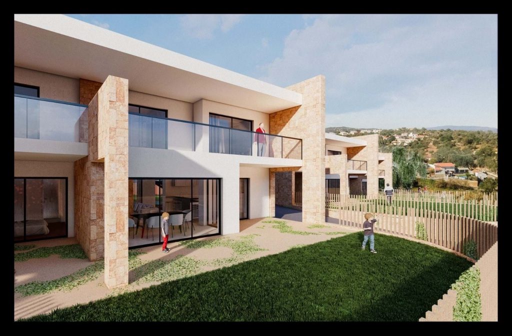 This project is developed by a Portuguese architect. It is designed with high end finishes in mind. Throughout the plot, the planning of the project is carefully thought of. Within the 6480m2 of land there is 5123,4m2 free for construction.
The Project counts 5 villas with 3 bedrooms 4 bathrooms, a stylish and open living room arrangement and an additional office upstairs. Build in wardrobes are available and a carport is planned.
Furthermore every unit has the possibility of its own swimming pool.
The project has a shared space of the condominium as well.
The entrance of the plot will be from the east this means that the villas are facing the south.
The plot is prices very competitive and the construction and management can be sources out within our network. So, whether you want to build it yourself or decide to finance the project and sell it, we have got you covered.
For more information please feel free to contact us.
